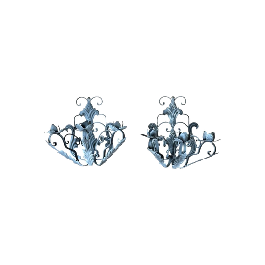 Pair of Vintage French Wrought Iron Three-Arm Wall Sconces / Candelabra, Acanthus Leaf, French Grey/Blue