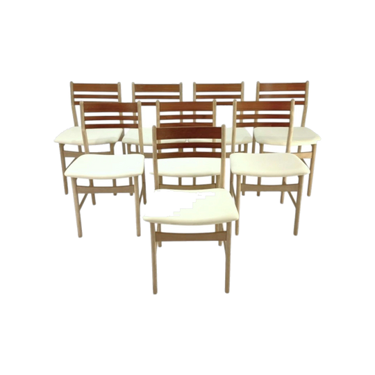 Restored 1960s Danish Two-Tone Teak and Beech Ladder-Back Dining Chair with New Cream Vinyl Upholstery