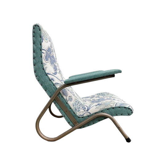 1950s “Grasshopper” Steel Frame Armchair, Reupholstered in Blue and White Floral