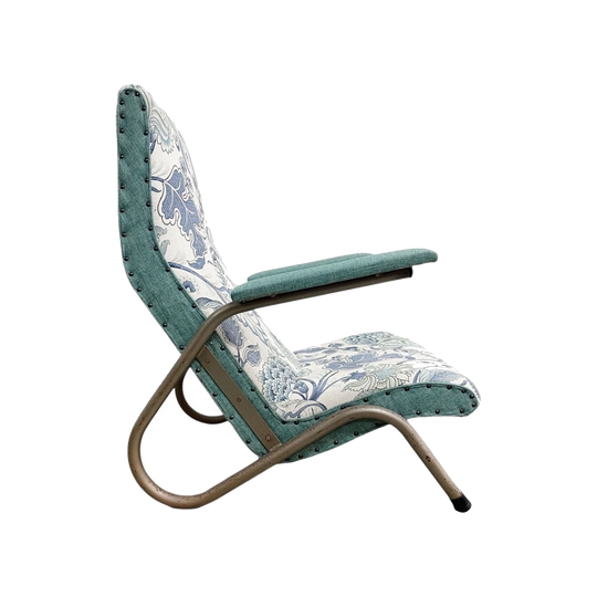 1950s “Grasshopper” Steel Frame Armchair, Reupholstered in Blue and White Floral