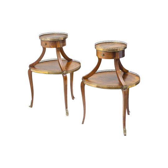Pair of 19th-Century French Two-Tier Side Tables with Brass Galleries and Applied Rosettes