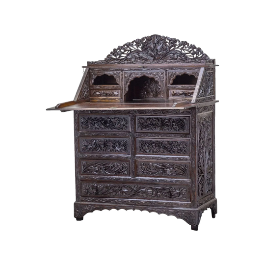 Carved Indian Export Fall-Front Secretaire, c. 1890s