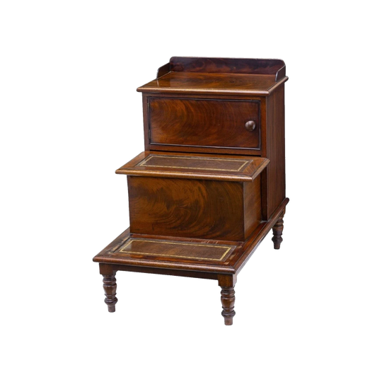 Mahogany-Veneered Bed Steps with Storage Cupboard and Concealed Commode, Gilt-Embossed Leather Inlay