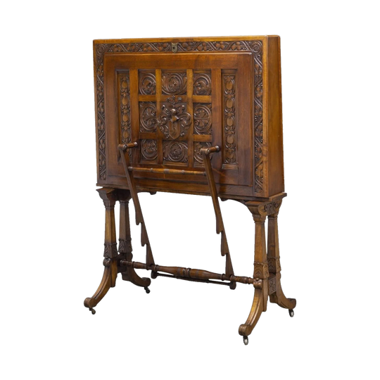 Mid-19th Century Continental Carved Walnut Folio Stand or Map Case with Brass Fittings