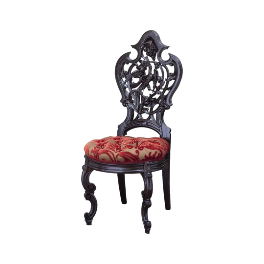 Carved Victorian Slipper Chair with Red Velvet Damask Upholstery