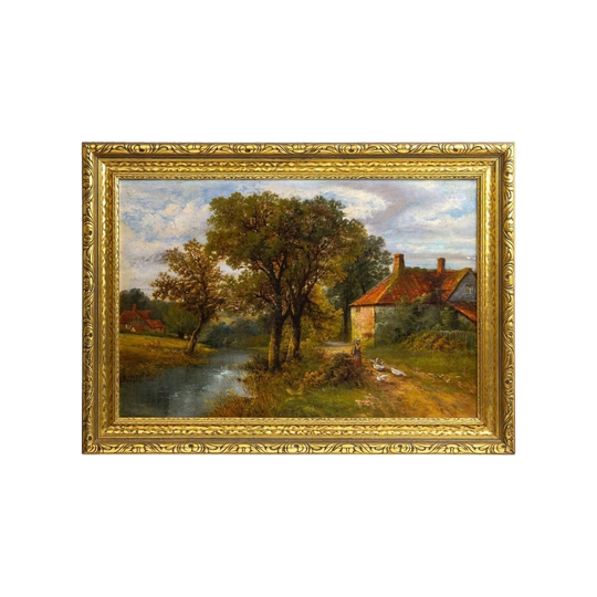 Early 19th Century Dutch Oil on Canvas, Farmhouse Scene with Girl and Geese – Signed (Artist Unknown)