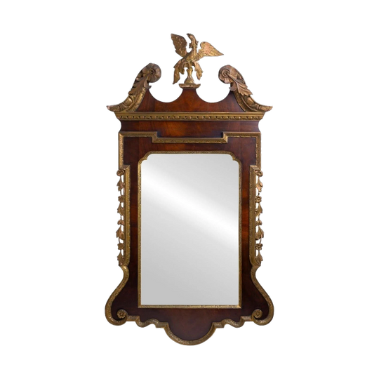 American Federalist Mahogany Veneer Mirror with Swan-Neck Pediment and Gilt Phoenix, Late 18th Century