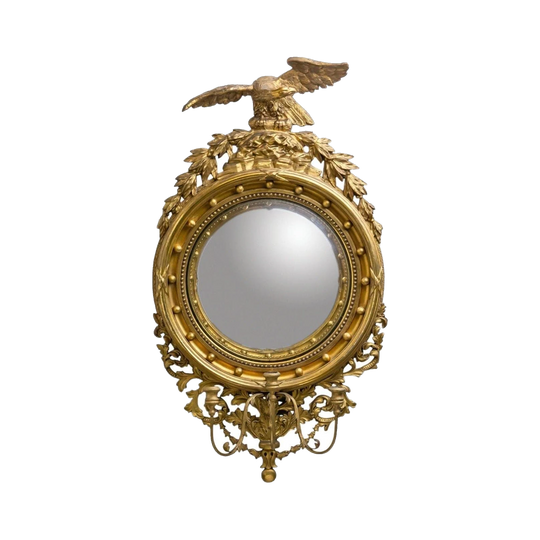 American Federalist Giltwood Bullseye Convex Mirror with Eagle Crest and Three Candle Arms, Mid 19th Century