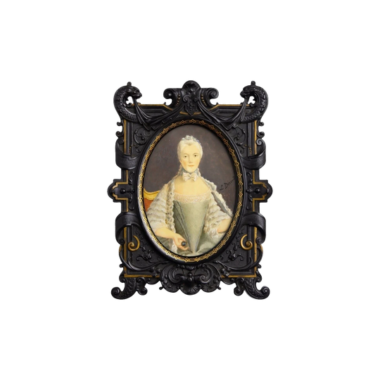 18th-Century Miniature Portrait on Ivory, Signed ‘L David’, in 19th-Century Vulcanite/Ebonite Frame