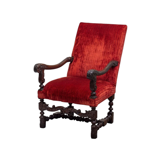 18th Century English Oak Library (Lolling) Chair in Carved Oak with Turned Legs, Red Velvet Upholstery and Cream Linen Slipcover