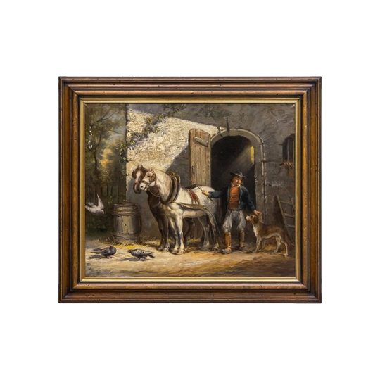Late 19th-Century French Oil on Canvas Painting, Children and Horse in a Stable, Signed A. Leonard
