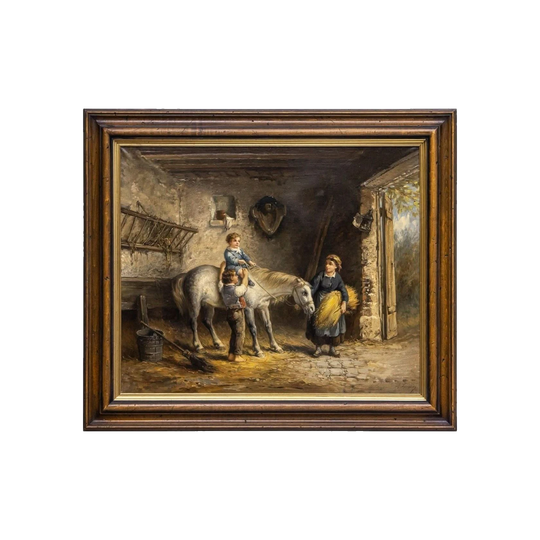 Late 19th-Century French Oil on Canvas, Signed A. Leonard — Two Horses, Man and Dog at a Stable