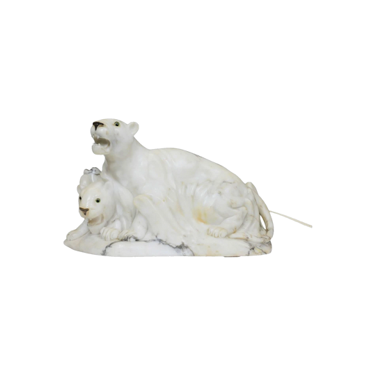 Early 20th-Century Marble Table Lamp with Two Lionesses and Glass Eyes