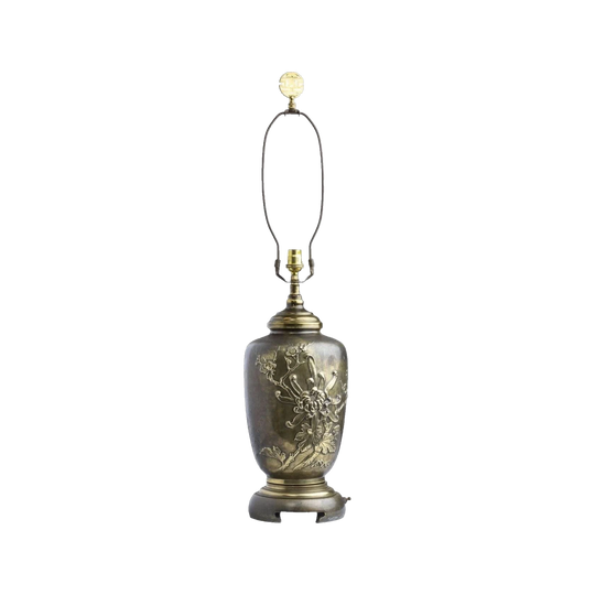 Vintage Gilt Metal Lamp in Oriental Style with Chrysanthemum, Cherry Blossom and Sparrow Relief