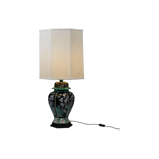 Late 19th-Century Japanese Famille Noire Lidded Vase Table Lamp with Cherry Blossoms and Herons