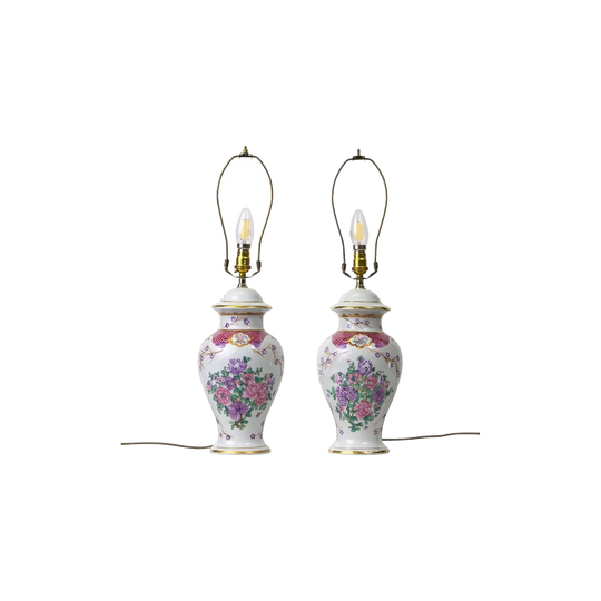 Pair of Late 19th-Century Table Lamps Attributed to Samson & Cie, Paris – Hand-Painted Floral Vases