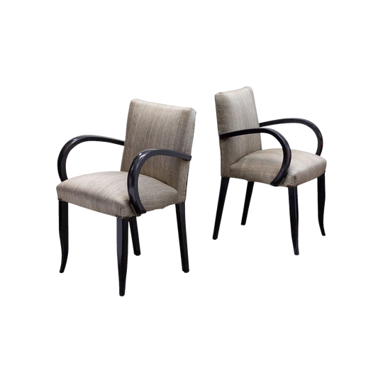 Pair of Art Deco Carver Chairs, Ebonised Timber with Silver Silk Upholstery, c. 1920s