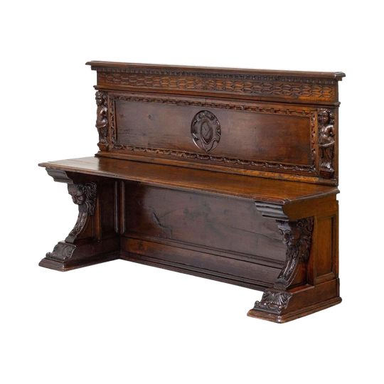 18th-Century Italian Walnut Settle Hallway Seat with Carved Lions and Caryatids