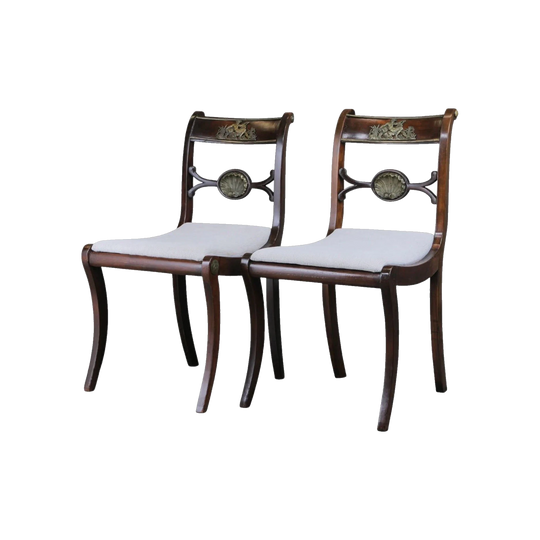 Set of Four English Regency Mahogany Chairs with Brass Neoclassical Mounts, c. 1810