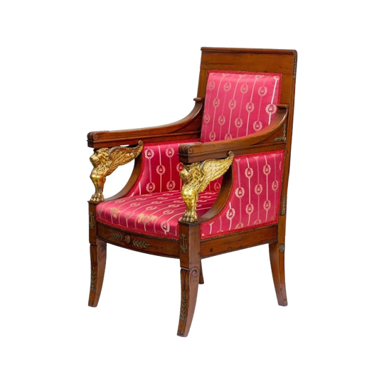 French Empire Cedarwood Armchair with Gilt Griffins and Ormolu Mounts, c.1800, Red Silk Napoleonic Bee Upholstery