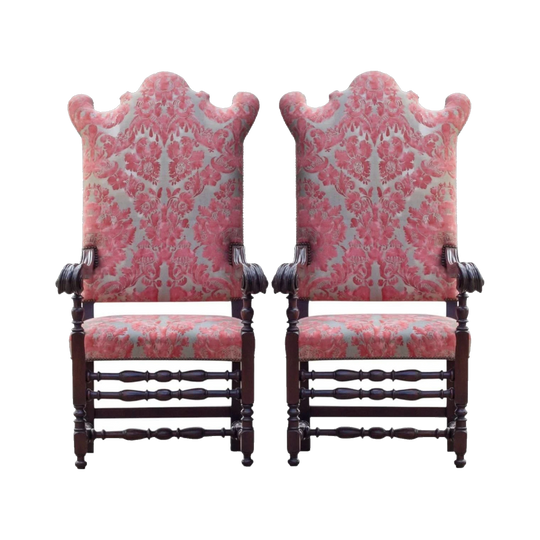 Pair of Late 19th-Century Dutch Walnut Armchairs Upholstered in Fortuny ‘Vivaldi’ Fabric