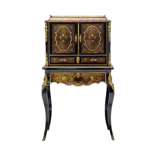 Napoleon III Style Boulle Secretaire Writing Desk in Ebonised Timber with Brass and Mother-of-Pearl Inlay