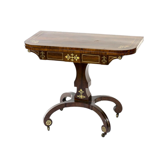 19th-Century Regency Rosewood Card Table with Brass Inlay, England