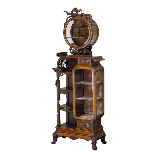 Walnut Japanism Display Vitrine-Cabinet with Bronze Mounts, Attributed to Gabriel Viardot, Au Grand Dragon, Paris, c. 1880
