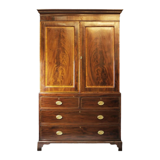 George III Mahogany Linen Press with Inlaid Stringing, England, Late 18th Century