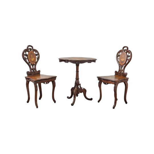 Late 1800s Swiss Brienz Inlaid Walnut Parlour Suite – Occasional Table and Pair of Chairs with Alpine Motifs