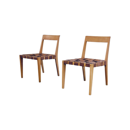 Pair of Mid-Century Modernist Coachwood Chairs with Woven Leather Seats and Studded Detailing, 1960s/70s
