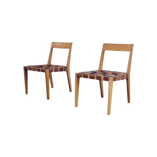 Pair of Mid-Century Modernist Coachwood Chairs with Woven Leather Seats and Studded Detailing, 1960s/70s