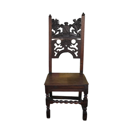 English 17th-Century Armorial Carved Hall Chair with Lion and Griffin Crest
