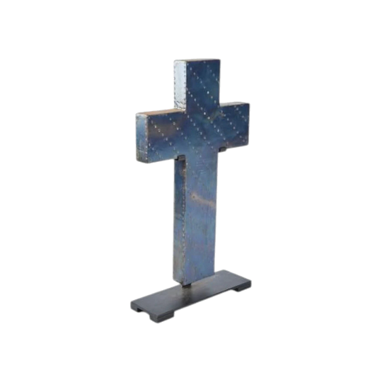 Large Sculptural Metal Cross on Stand, Dark Bluish-Black