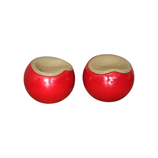 Pair of Red and Beige Space Age Ball Chairs with Vinyl Seats