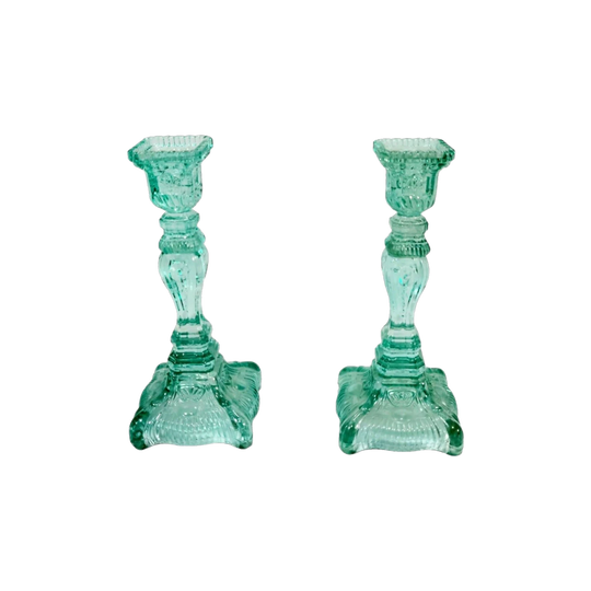 Pair of Aqua Depression Glass Candle Holders, Pressed Glass (1920s–1940s)