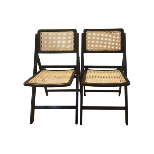 Pair of 1970s Vintage Cane Folding Dining Chairs with Wicker Seats and Backs, Black Japan Stained Frames