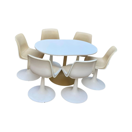MID CENTURY, 4-6 SEBEL SWIVELS DINING CHAIRS AND TABLE