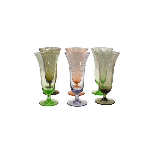 Vintage Blown Glass Ice Tea / Cocktail / Champagne Glasses with Bamboo etched Mofits. Set of 6