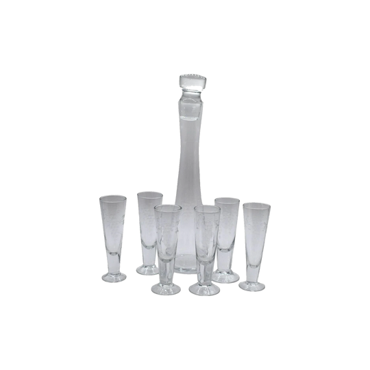 Vintage etched Grape mofit Blown Glass Decanter w/stopper and 6 footed shot glasses.