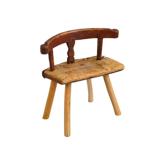 18th-Century Swedish Hand-Carved Pine Milking Stool with Backrest – Primitive Scandinavian Folk Furniture, Traces of Original Red Paint