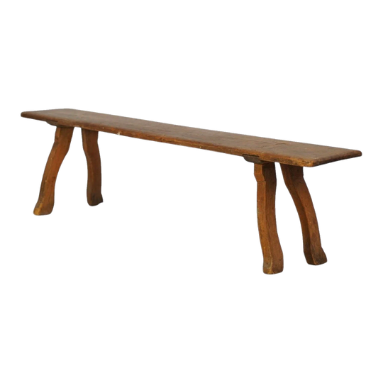 Early 19th-Century Swedish Allmoge Pine Bench – Hand-Carved, Bow-Legged Supports, 192 cm