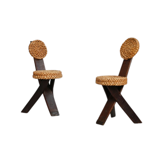Adrien Audoux & Frida Minet Pair of Side Chairs, France, 1950s – Stained Oak, Braided Straw, Iron