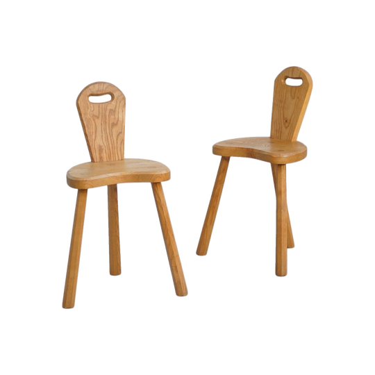Pair of French Mid-Century Brutalist Folk Chairs, Solid Oak, France, 1950s – Handcrafted Sculptural Design