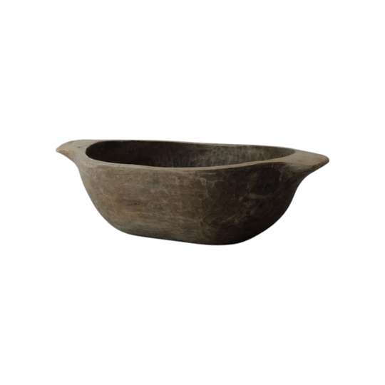 Antique Hand-Carved Hungarian Round Bowl with Leather Patch Repair, Early 1900s