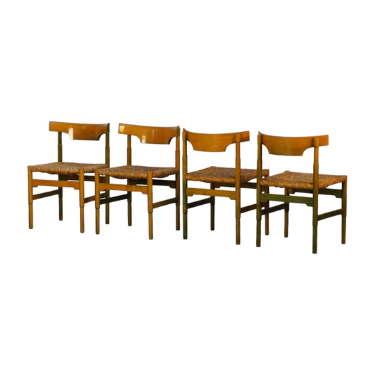 Vico Magistretti Carimate Dining Chairs, Set of 4, Cassina Italy, 1970s, Model 892, Rush Seat