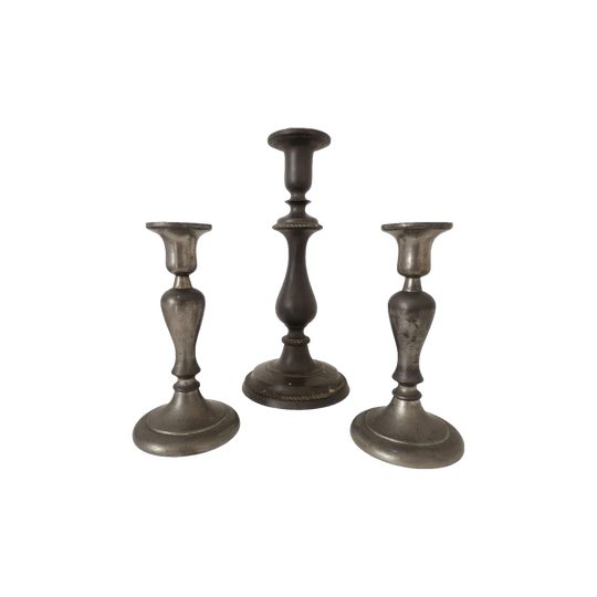Vintage Grey Candlestick Trio – Pewter Pair (15 cm) and Mixed-Metal Single (26 cm)