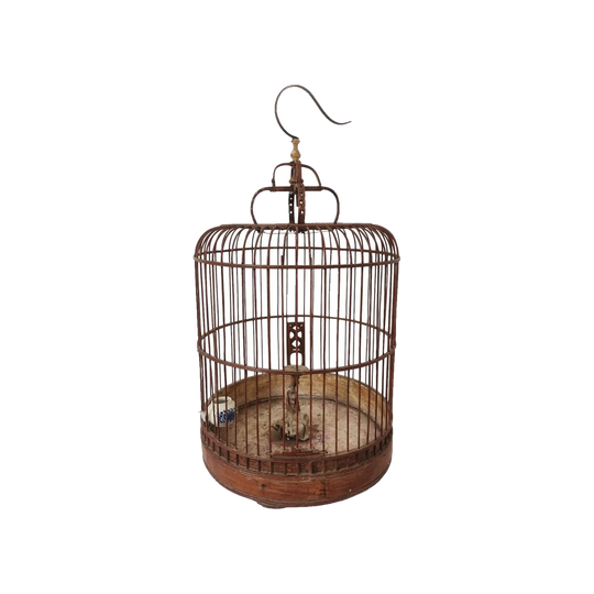 Large Vintage Handmade Cane Bird Cage with Original Finishes, Porcelain Bowl and Sculpture