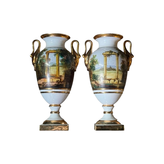 Pair of Vintage Italian Hand-Painted Gilt Porcelain Urn Vases