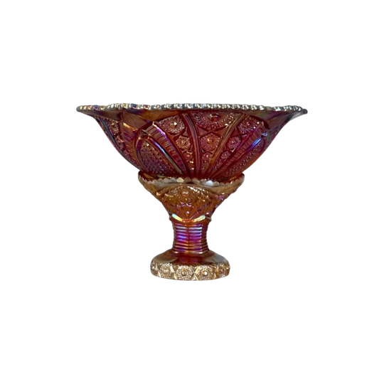 Indiana Glass Heirloom Series Sunset Carnival Amber Iridescent Pedestal Bowl, 1970s